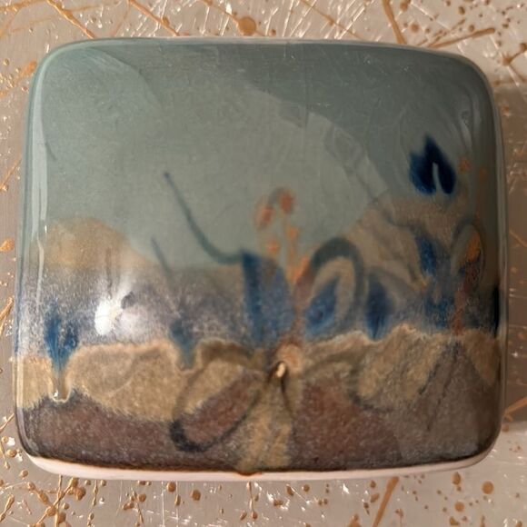 Vintage Artist Signed Decorative Rectangular Vase Teal Green Blue Tan - Picture 9 of 10